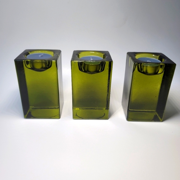 Set 3 block green glass candle holders midcentury - Picture 4 of 9
